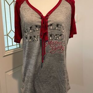 Harley Davidson Gray and Red Lace-Up Top